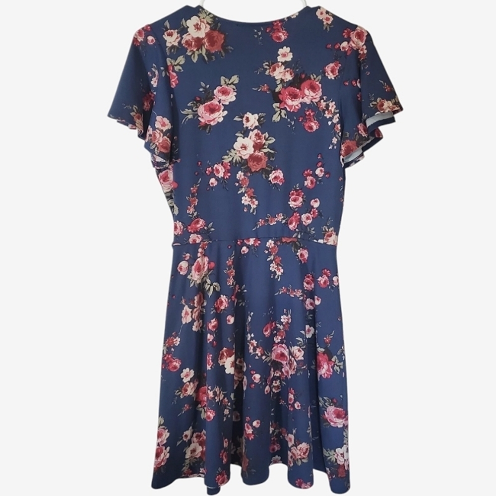2049 * Iz Byer Floral Faux Wrap Mini Dress Navy Blue Red Size L - Picture 2 of 10